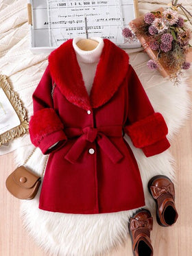 SHEIN Elladie kids معطف فتيات صغيرات مع طوق من الفرو الاصطناعي، أنيق وجميل، مناسب لفتيات صغيرات في فصل الشتاء والخريف