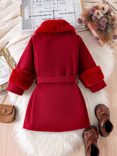 SHEIN Elladie kids معطف فتيات صغيرات مع طوق من الفرو الاصطناعي، أنيق وجميل، مناسب لفتيات صغيرات في فصل الشتاء والخريف