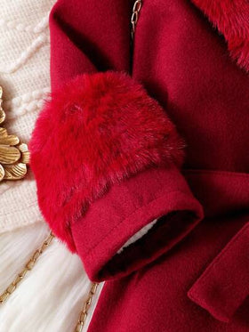 SHEIN Elladie kids معطف فتيات صغيرات مع طوق من الفرو الاصطناعي، أنيق وجميل، مناسب لفتيات صغيرات في فصل الشتاء والخريف