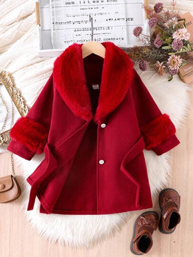 SHEIN Elladie kids معطف فتيات صغيرات مع طوق من الفرو الاصطناعي، أنيق وجميل، مناسب لفتيات صغيرات في فصل الشتاء والخريف