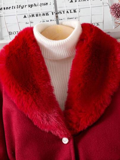 SHEIN Elladie kids معطف فتيات صغيرات مع طوق من الفرو الاصطناعي، أنيق وجميل، مناسب لفتيات صغيرات في فصل الشتاء والخريف
