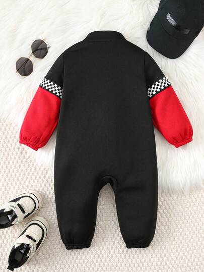 SHEIN ملابس الخريف/الشتاء للأطفال الرضع، بذلات، أزياء، جمبسوت سباق سيارات بأكمام طويلة وياقة عالية من الفليس السميك، ملابس مريحة وعملية وأنيقة للارتداء اليومي، مناسبة للاستخدام الداخلي والخارجي والتزلج والرياضة واللعب والحفلات وتصوير الصور والمناسبات واله