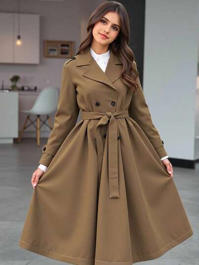 SHEIN معطف خندق أنيق وكاجوال متوسط الطول مع طوق للمراهقات، بلون الخردل