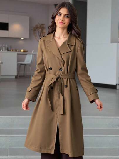 SHEIN معطف خندق أنيق وكاجوال متوسط الطول مع طوق للمراهقات، بلون الخردل