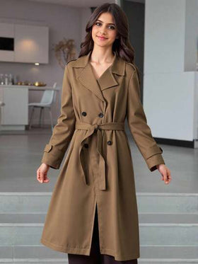 SHEIN معطف خندق أنيق وكاجوال متوسط الطول مع طوق للمراهقات، بلون الخردل
