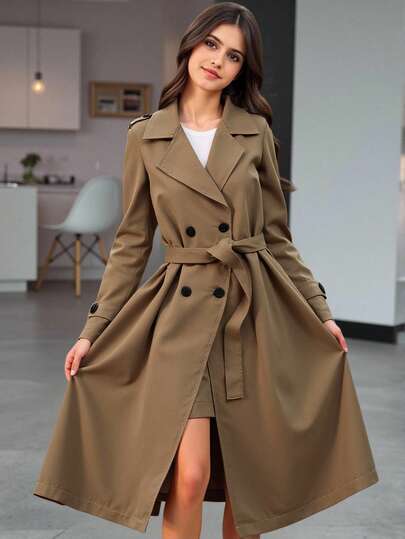 SHEIN معطف خندق أنيق وكاجوال متوسط الطول مع طوق للمراهقات، بلون الخردل