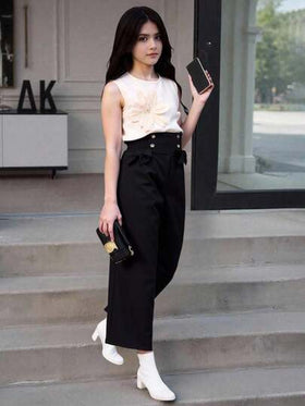 SHEIN بنطلون كاجوال بخصر عالي وتصميم فيونكة مطوية للبنات المراهقات، فضفاض، قماش مريح