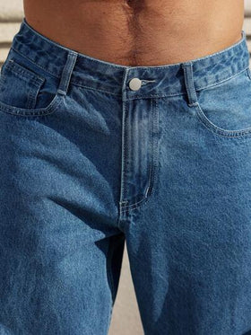 Manfinity Homme بناطيل جينز بجيب وأزرار أمامية بسيطة للرجال ، ملابس كاجوال للاستخدام اليومي