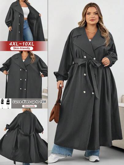SHEIN CURVE+ معطف طويل أسود للنساء كبيرات الحجم، جاكيت أسود طويل الأكمام بسيط للاستخدام اليومي، معطف ترنش كبير الحجم للنساء 8XL، معطف ترنش منحني للنساء كبيرات الحجم، معطف خريفي للنساء كبيرات الحجم، ملابس خريفية للنساء، ملابس شتوية، معطف منحني للنساء كبيرا