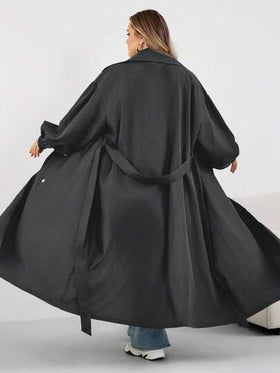 SHEIN CURVE+ معطف طويل أسود للنساء كبيرات الحجم، جاكيت أسود طويل الأكمام بسيط للاستخدام اليومي، معطف ترنش كبير الحجم للنساء 8XL، معطف ترنش منحني للنساء كبيرات الحجم، معطف خريفي للنساء كبيرات الحجم، ملابس خريفية للنساء، ملابس شتوية، معطف منحني للنساء كبيرا