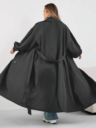 SHEIN CURVE+ معطف طويل أسود للنساء كبيرات الحجم، جاكيت أسود طويل الأكمام بسيط للاستخدام اليومي، معطف ترنش كبير الحجم للنساء 8XL، معطف ترنش منحني للنساء كبيرات الحجم، معطف خريفي للنساء كبيرات الحجم، ملابس خريفية للنساء، ملابس شتوية، معطف منحني للنساء كبيرا