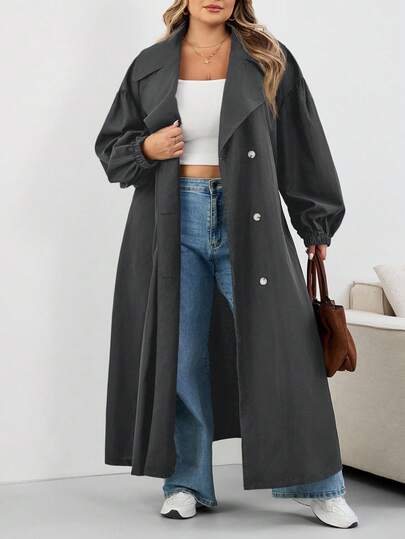 SHEIN CURVE+ معطف طويل أسود للنساء كبيرات الحجم، جاكيت أسود طويل الأكمام بسيط للاستخدام اليومي، معطف ترنش كبير الحجم للنساء 8XL، معطف ترنش منحني للنساء كبيرات الحجم، معطف خريفي للنساء كبيرات الحجم، ملابس خريفية للنساء، ملابس شتوية، معطف منحني للنساء كبيرا
