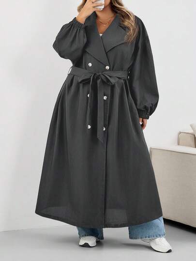 SHEIN CURVE+ معطف طويل أسود للنساء كبيرات الحجم، جاكيت أسود طويل الأكمام بسيط للاستخدام اليومي، معطف ترنش كبير الحجم للنساء 8XL، معطف ترنش منحني للنساء كبيرات الحجم، معطف خريفي للنساء كبيرات الحجم، ملابس خريفية للنساء، ملابس شتوية، معطف منحني للنساء كبيرا