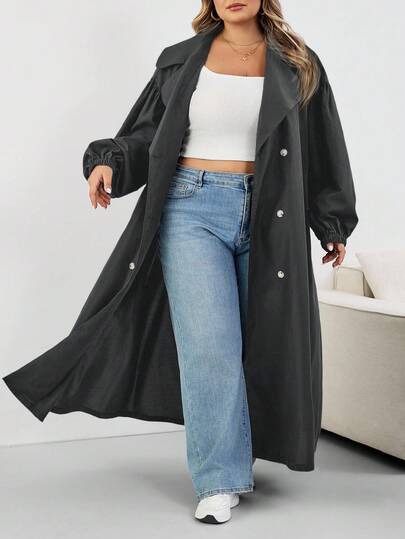 SHEIN CURVE+ معطف طويل أسود للنساء كبيرات الحجم، جاكيت أسود طويل الأكمام بسيط للاستخدام اليومي، معطف ترنش كبير الحجم للنساء 8XL، معطف ترنش منحني للنساء كبيرات الحجم، معطف خريفي للنساء كبيرات الحجم، ملابس خريفية للنساء، ملابس شتوية، معطف منحني للنساء كبيرا