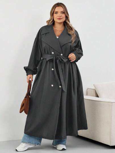 SHEIN CURVE+ معطف طويل أسود للنساء كبيرات الحجم، جاكيت أسود طويل الأكمام بسيط للاستخدام اليومي، معطف ترنش كبير الحجم للنساء 8XL، معطف ترنش منحني للنساء كبيرات الحجم، معطف خريفي للنساء كبيرات الحجم، ملابس خريفية للنساء، ملابس شتوية، معطف منحني للنساء كبيرا