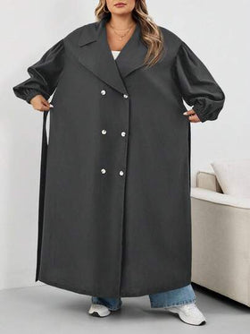 SHEIN CURVE+ معطف طويل أسود للنساء كبيرات الحجم، جاكيت أسود طويل الأكمام بسيط للاستخدام اليومي، معطف ترنش كبير الحجم للنساء 8XL، معطف ترنش منحني للنساء كبيرات الحجم، معطف خريفي للنساء كبيرات الحجم، ملابس خريفية للنساء، ملابس شتوية، معطف منحني للنساء كبيرا