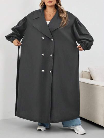 SHEIN CURVE+ معطف طويل أسود للنساء كبيرات الحجم، جاكيت أسود طويل الأكمام بسيط للاستخدام اليومي، معطف ترنش كبير الحجم للنساء 8XL، معطف ترنش منحني للنساء كبيرات الحجم، معطف خريفي للنساء كبيرات الحجم، ملابس خريفية للنساء، ملابس شتوية، معطف منحني للنساء كبيرا