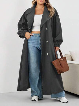 SHEIN CURVE+ معطف طويل أسود للنساء كبيرات الحجم، جاكيت أسود طويل الأكمام بسيط للاستخدام اليومي، معطف ترنش كبير الحجم للنساء 8XL، معطف ترنش منحني للنساء كبيرات الحجم، معطف خريفي للنساء كبيرات الحجم، ملابس خريفية للنساء، ملابس شتوية، معطف منحني للنساء كبيرا