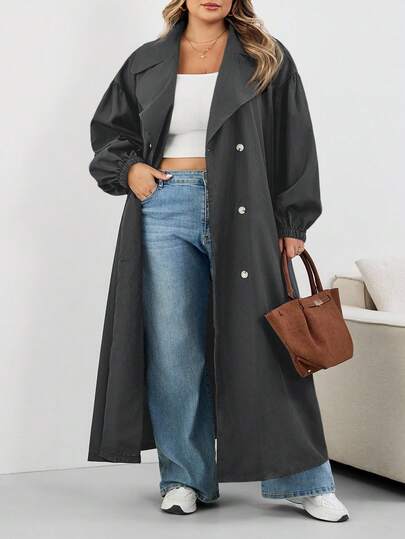 SHEIN CURVE+ معطف طويل أسود للنساء كبيرات الحجم، جاكيت أسود طويل الأكمام بسيط للاستخدام اليومي، معطف ترنش كبير الحجم للنساء 8XL، معطف ترنش منحني للنساء كبيرات الحجم، معطف خريفي للنساء كبيرات الحجم، ملابس خريفية للنساء، ملابس شتوية، معطف منحني للنساء كبيرا