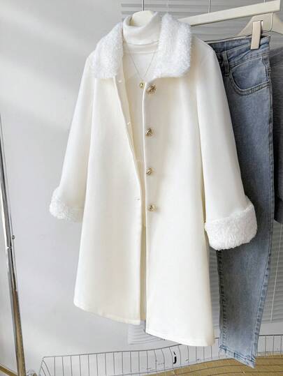 SHEIN معطف كارديجان طويل فضفاض أمامي بأزرار معدنية وياقة منقلبة، قطعة مريحة للارتداء في المنزل والخارج والمدرسة والحفلات، ملابس شتوية وخريفية للفتيات والنساء الصغيرات