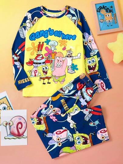 SpongeBob SquarePants | SHEIN طقم بيجاما مكون من 2 قطعة: تي شيرت بأكمام طويلة بياقة طاقم وطباعة كرتونية للفتيان المراهقين، وبنطلون مريح من القطن المحبوك