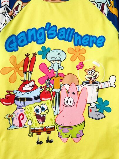 SpongeBob SquarePants | SHEIN طقم بيجاما مكون من 2 قطعة: تي شيرت بأكمام طويلة بياقة طاقم وطباعة كرتونية للفتيان المراهقين، وبنطلون مريح من القطن المحبوك
