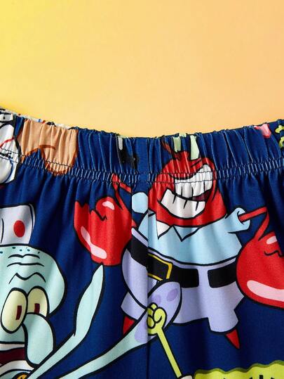 SpongeBob SquarePants | SHEIN طقم بيجاما مكون من 2 قطعة: تي شيرت بأكمام طويلة بياقة طاقم وطباعة كرتونية للفتيان المراهقين، وبنطلون مريح من القطن المحبوك