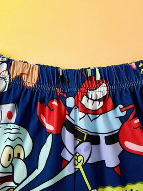 SpongeBob SquarePants | SHEIN طقم بيجاما مكون من 2 قطعة: تي شيرت بأكمام طويلة بياقة طاقم وطباعة كرتونية للفتيان المراهقين، وبنطلون مريح من القطن المحبوك