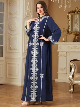 عباءة نسائية مسلمة، فستان عيد مبارك مطرز بياقة على شكل حرف V، ملابس دبي، عباءة إسلامية عربية