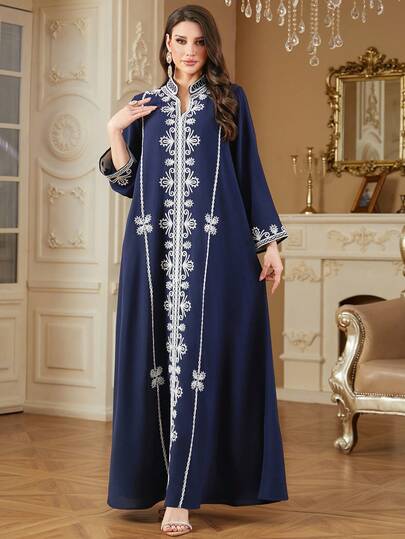 عباءة نسائية مسلمة، فستان عيد مبارك مطرز بياقة على شكل حرف V، ملابس دبي، عباءة إسلامية عربية