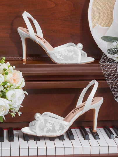 CUCCOO HITCHD أحذية كعب عالي من الشبك والدانتيل والخرز الأبيض المزين بخرز اللؤلؤ الاصطناعي، أحذية سهرة أنيقة للزفاف والحفلات، مناسبة للاستخدام في عيد الميلاد