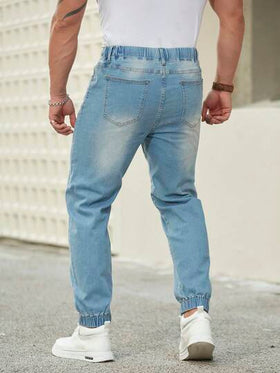 Manfinity Homme جينز رجالي بخصر مرن وسحاب، جينز كارجو مغسول أزرق داكن لائق للاستخدام اليومي، سترة رياضية بسيطة بنمط بنطال جوجر، مناسب كهدايا الأزواج والأحباء