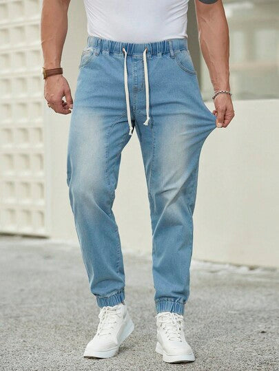 Manfinity Homme جينز رجالي بخصر مرن وسحاب، جينز كارجو مغسول أزرق داكن لائق للاستخدام اليومي، سترة رياضية بسيطة بنمط بنطال جوجر، مناسب كهدايا الأزواج والأحباء