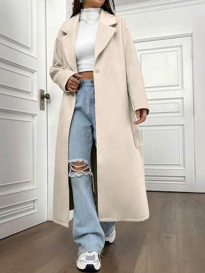 SHEIN Unity معطف كاجوال طويل بياقة مقلوبة وأكمام طويلة وكتف منخفض، لون أحادي، للنساء، خريف/شتاء