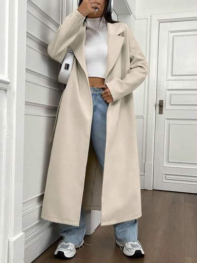 SHEIN Unity معطف كاجوال طويل بياقة مقلوبة وأكمام طويلة وكتف منخفض، لون أحادي، للنساء، خريف/شتاء