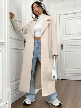 SHEIN Unity معطف كاجوال طويل بياقة مقلوبة وأكمام طويلة وكتف منخفض، لون أحادي، للنساء، خريف/شتاء