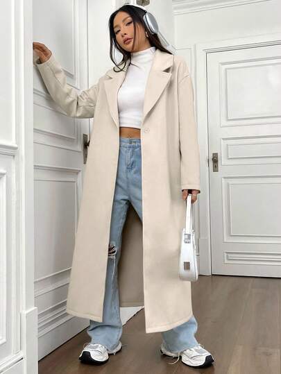 SHEIN Unity معطف كاجوال طويل بياقة مقلوبة وأكمام طويلة وكتف منخفض، لون أحادي، للنساء، خريف/شتاء
