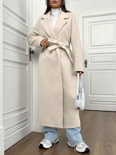 SHEIN Unity معطف كاجوال طويل بياقة مقلوبة وأكمام طويلة وكتف منخفض، لون أحادي، للنساء، خريف/شتاء
