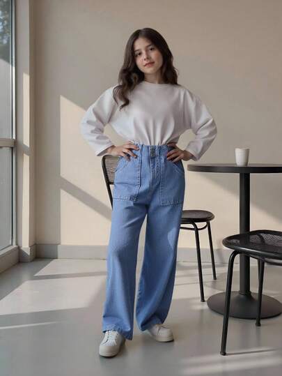 SHEIN بنطلون جينز بخصر مسطح وجيوب واسع الساق للفتيات المراهقات، ملابس كاجوال بوهيمية للعطلات، ملابس يومية للفتيات