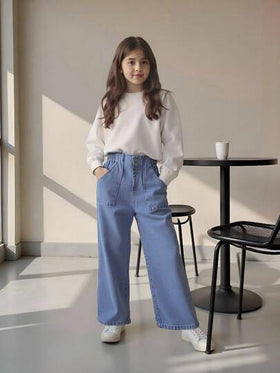 SHEIN بنطلون جينز بخصر مسطح وجيوب واسع الساق للفتيات المراهقات، ملابس كاجوال بوهيمية للعطلات، ملابس يومية للفتيات