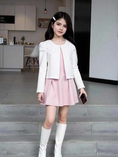 SHEIN جاكيت محبوكة معقدة النسيج، بأكمام منتفخة، ومزينة ب- 3D على الكتفين، كارديجان قصير أنيق