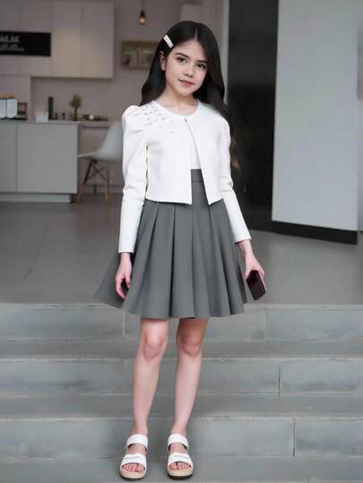 SHEIN جاكيت محبوكة معقدة النسيج، بأكمام منتفخة، ومزينة ب- 3D على الكتفين، كارديجان قصير أنيق