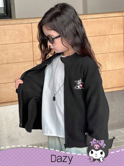 DAZY HELLO KITTY AND FRIENDS | SHEIN معطف مزين بطباعة الحرف الكرتوني بياقة عالية للفتاة الصغيرة، موسم الخريف/الشتاء رمضان