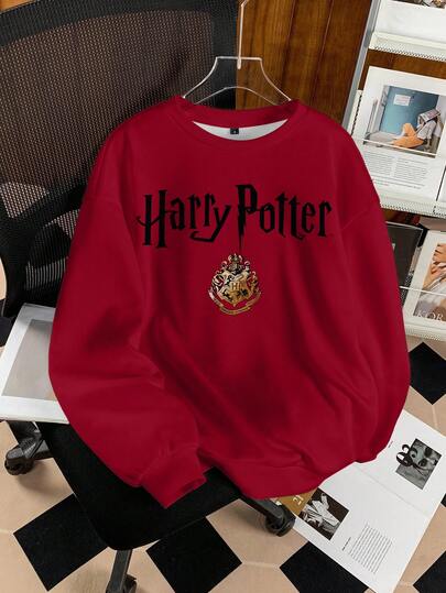 HARRY POTTER X بلوزة رياضية فضفاضة بياقة مستديرة مطبوع عليها شارات حيوانات وحروف، طراز الشارع الكاجوال للجامعة، قطعة مريحة للخريف والشتاء