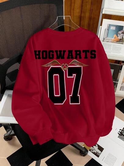HARRY POTTER X بلوزة رياضية فضفاضة بياقة مستديرة مطبوع عليها شارات حيوانات وحروف، طراز الشارع الكاجوال للجامعة، قطعة مريحة للخريف والشتاء