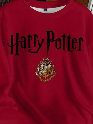 HARRY POTTER X بلوزة رياضية فضفاضة بياقة مستديرة مطبوع عليها شارات حيوانات وحروف، طراز الشارع الكاجوال للجامعة، قطعة مريحة للخريف والشتاء