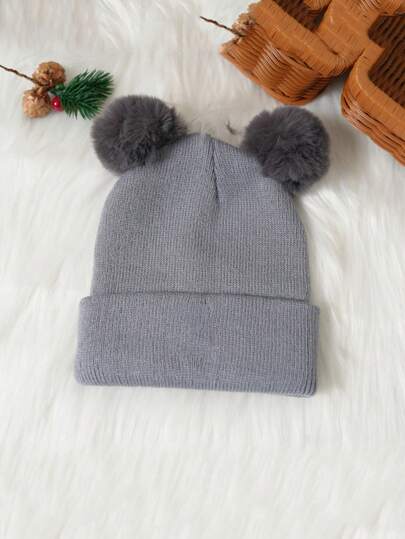 قبعة رضيع محبوكة ناعمة ودافئة، مزينة بكرات زينة مزدوجة، قبعة شتوية للأطفال الرضع والصغار، من الجنسين، إكسسوارات الأطفال، قبعات مرنة للأطفال، للخريف والشتاء