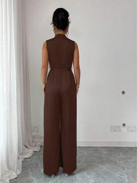 Elenzga جمبسوت أنيقة للنساء بياقة عالية خضراء، بتجاعيد على الوسط، بدون أكمام، مناسبة للربيع والصيف