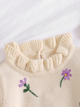 SHEIN Vintaside Kids مجموعة طفل بيج 2 قطعة: رومبير رومبر مطرزة بالزهور + قبعة، أنيقة وجذابة