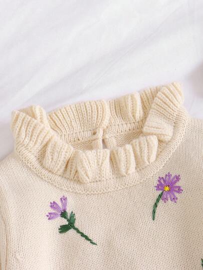 SHEIN Vintaside Kids مجموعة طفل بيج 2 قطعة: رومبير رومبر مطرزة بالزهور + قبعة، أنيقة وجذابة